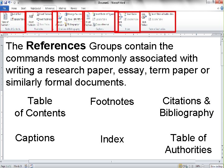 The References Groups contain the commands most commonly associated with writing a research paper,