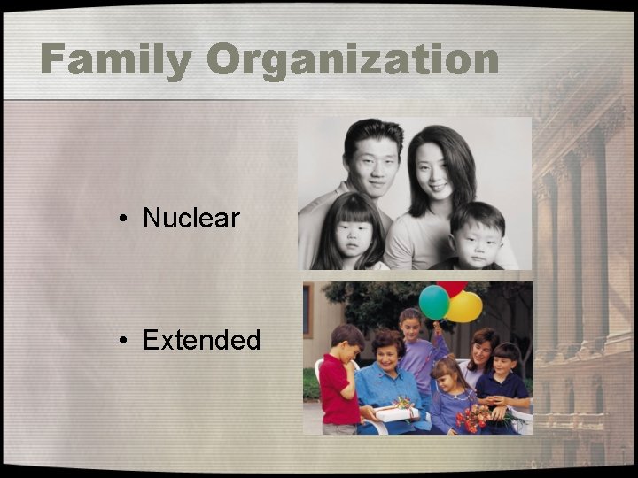 Family Organization • Nuclear • Extended 