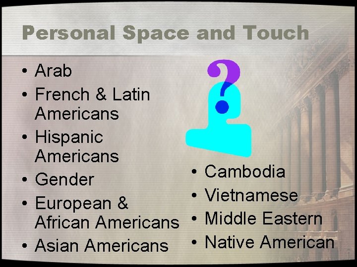 Personal Space and Touch • Arab • French & Latin Americans • Hispanic Americans