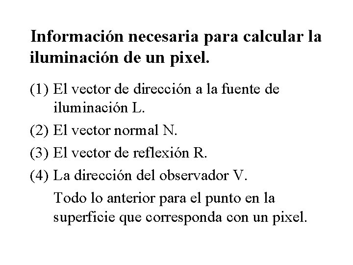 Información necesaria para calcular la iluminación de un pixel. (1) El vector de dirección