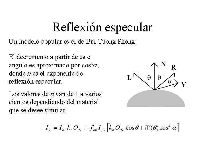 Reflexión especular Un modelo popular es el de Bui-Tuong Phong El decremento a partir