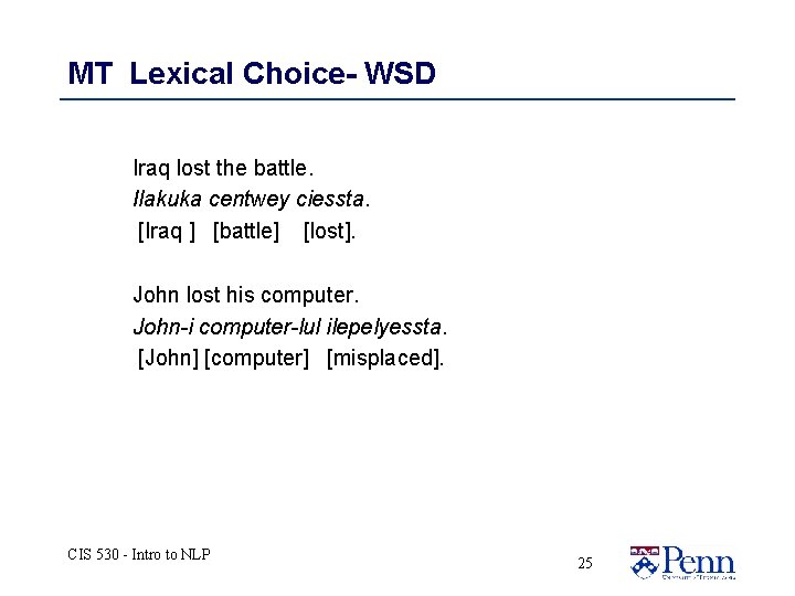 MT Lexical Choice- WSD Iraq lost the battle. Ilakuka centwey ciessta. [Iraq ] [battle]