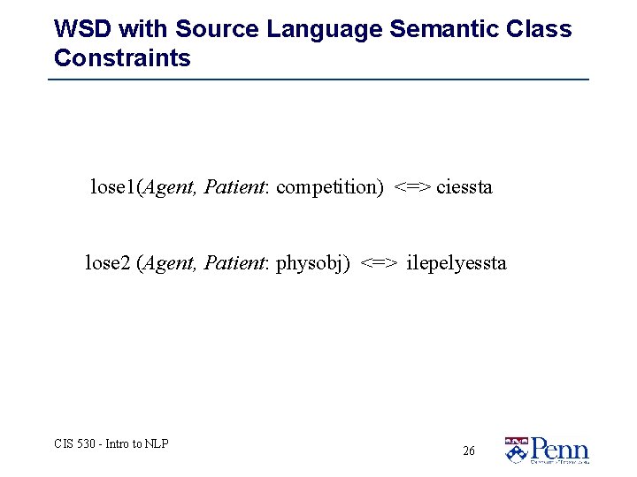 WSD with Source Language Semantic Class Constraints lose 1(Agent, Patient: competition) <=> ciessta lose WSD with Source Language Semantic Class Constraints lose 1(Agent, Patient: competition) <=> ciessta lose