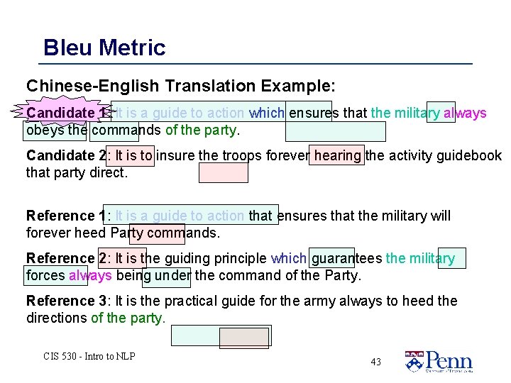 Bleu Metric Chinese-English Translation Example: Candidate 1: It is a guide to action which Bleu Metric Chinese-English Translation Example: Candidate 1: It is a guide to action which