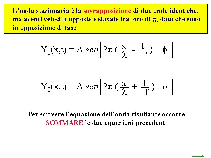 L’onda stazionaria è la sovrapposizione di due onde identiche, ma aventi velocità opposte e