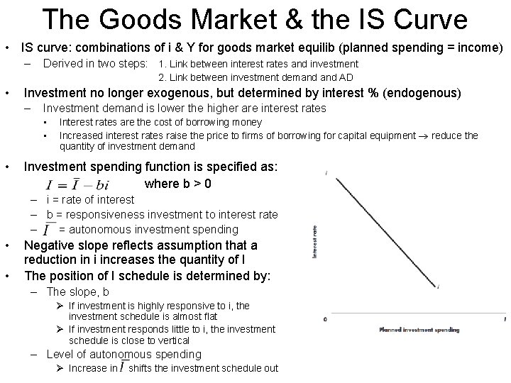 The Goods Market & the IS Curve • IS curve: combinations of i &