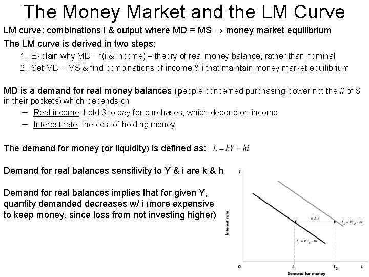 The Money Market and the LM Curve LM curve: combinations i & output where