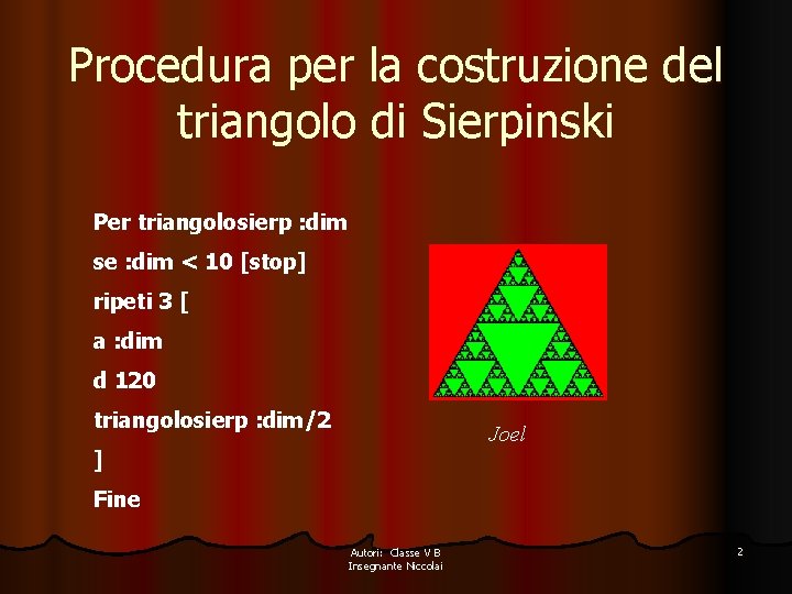 Procedura per la costruzione del triangolo di Sierpinski Per triangolosierp : dim se :