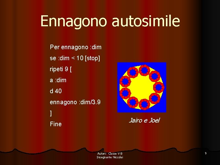 Ennagono autosimile Per ennagono : dim se : dim < 10 [stop] ripeti 9