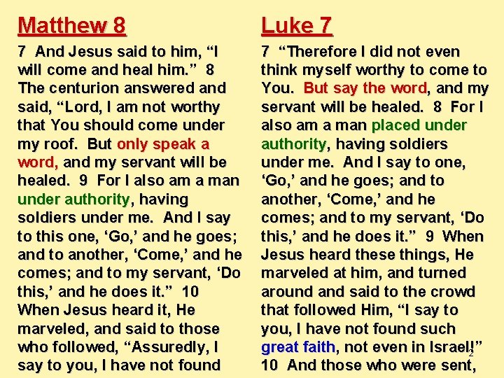 Matthew 8 Luke 7 7 And Jesus said to him, “I will come and
