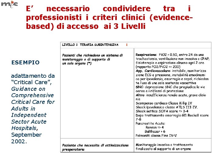 E’ necessario condividere tra i professionisti i criteri clinici (evidencebased) di accesso ai 3