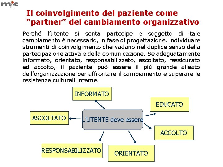 Il coinvolgimento del paziente come “partner” del cambiamento organizzativo Perché l’utente si senta partecipe