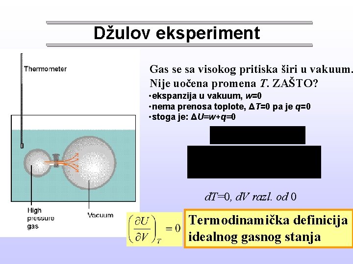 Džulov eksperiment Gas se sa visokog pritiska širi u vakuum. Nije uočena promena T.