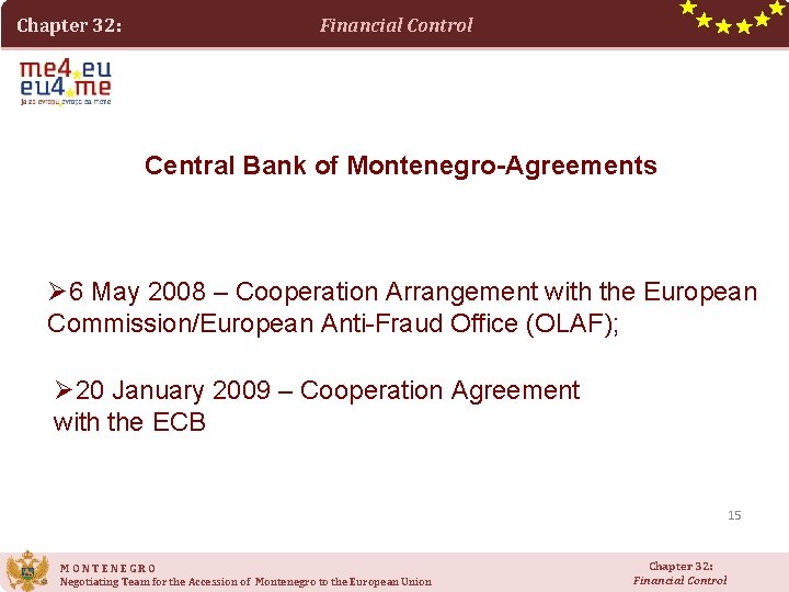 Chapter 32: Financial Control Central Bank of Montenegro-Agreements Ø 6 May 2008 – Cooperation