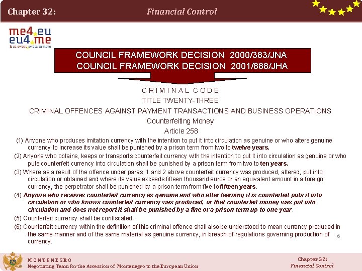 Chapter 32: Financial Control COUNCIL FRAMEWORK DECISION 2000/383/JNA COUNCIL FRAMEWORK DECISION 2001/888/JHA CRIMINAL CODE