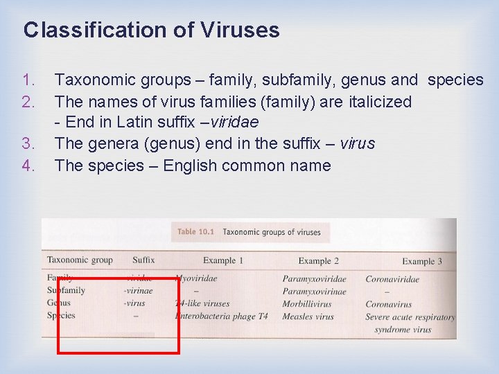 Classification of Viruses 1. 2. 3. 4. Taxonomic groups – family, subfamily, genus and