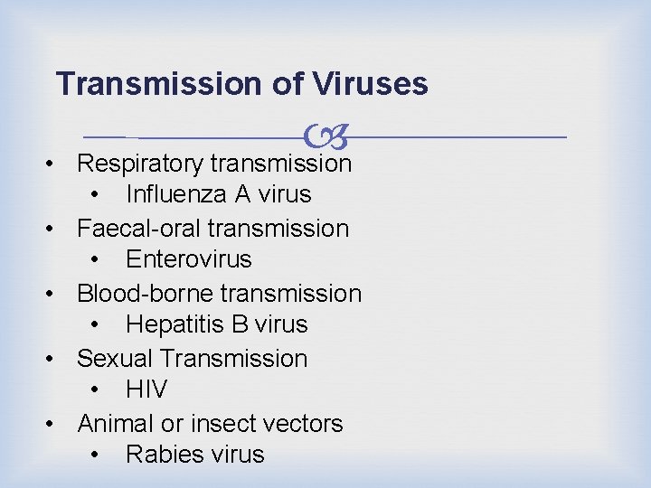 Transmission of Viruses • • • Respiratory transmission • Influenza A virus Faecal-oral transmission