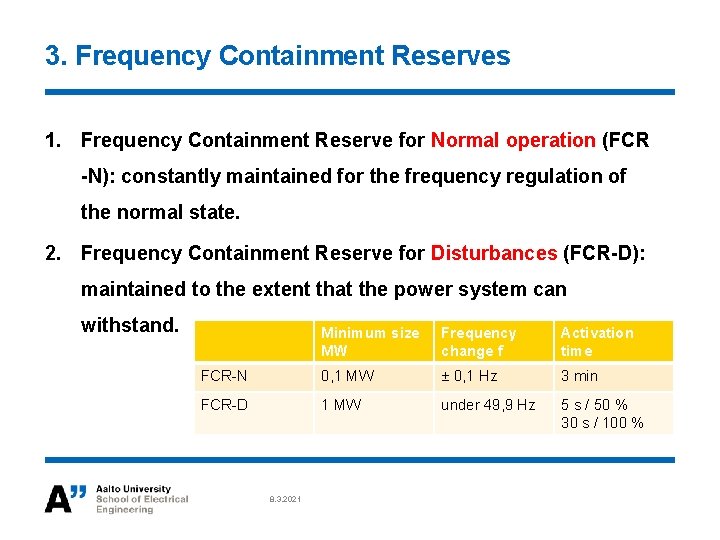 3. Frequency Containment Reserves 1. Frequency Containment Reserve for Normal operation (FCR -N): constantly