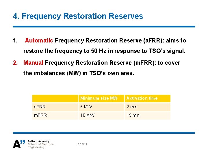 4. Frequency Restoration Reserves 1. Automatic Frequency Restoration Reserve (a. FRR): aims to restore