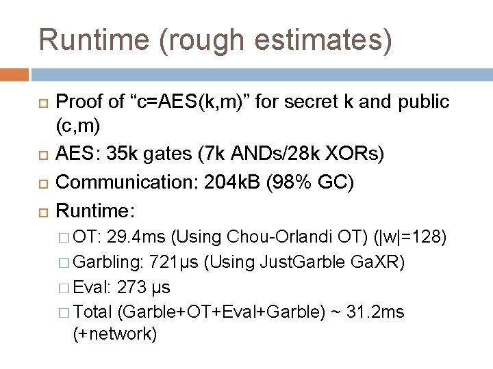 Runtime (rough estimates) Proof of “c=AES(k, m)” for secret k and public (c, m)