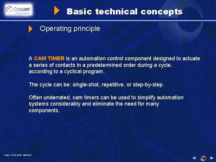 Basic technical concepts Operating principle A CAM TIMER is an automation control component designed