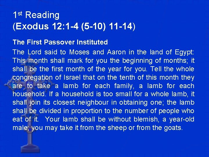 1 st Reading (Exodus 12: 1 -4 (5 -10) 11 -14) The First Passover