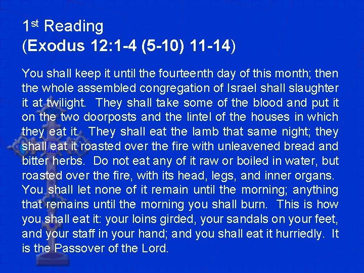 1 st Reading (Exodus 12: 1 -4 (5 -10) 11 -14) You shall keep