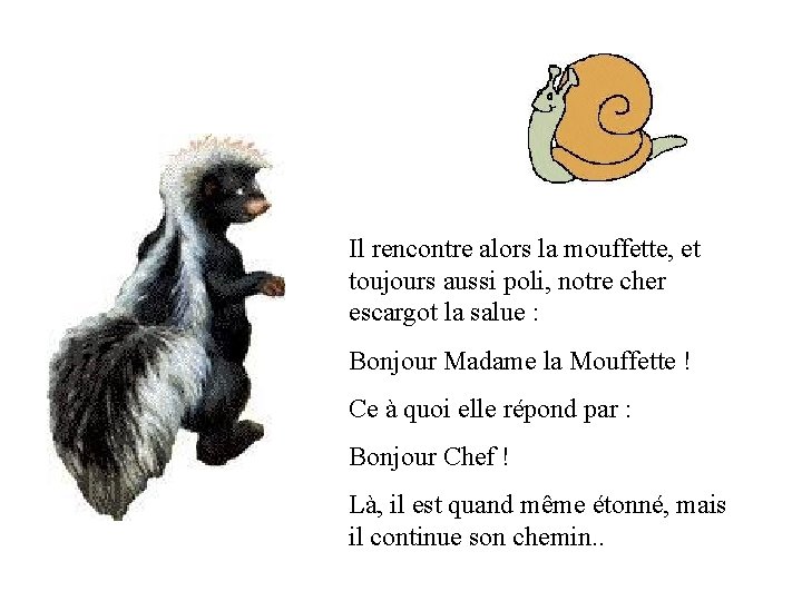 Il rencontre alors la mouffette, et toujours aussi poli, notre cher escargot la salue