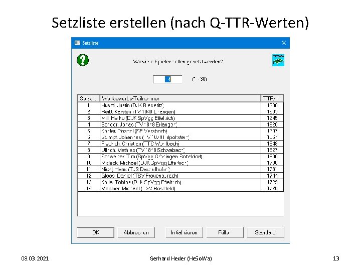 Setzliste erstellen (nach Q-TTR-Werten) 08. 03. 2021 Gerhard Heder (He. So. Wa) 13 