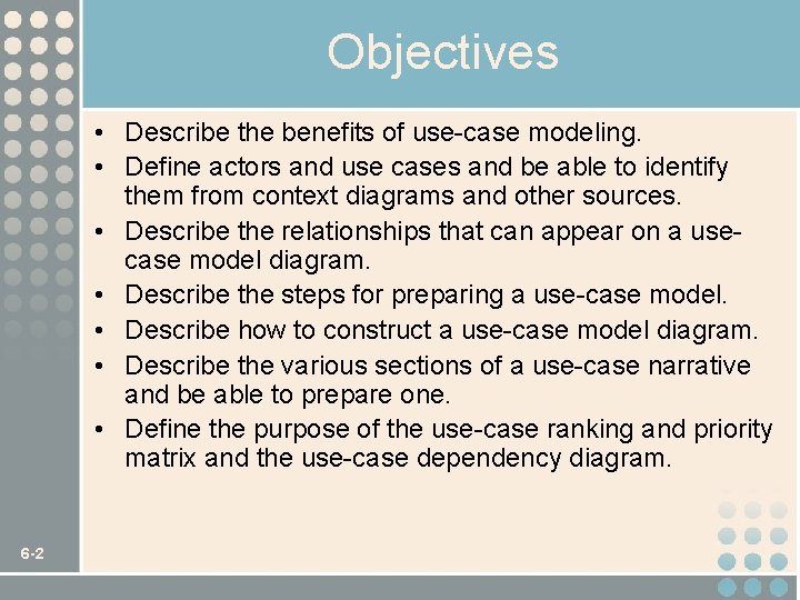 Objectives • Describe the benefits of use-case modeling. • Define actors and use cases