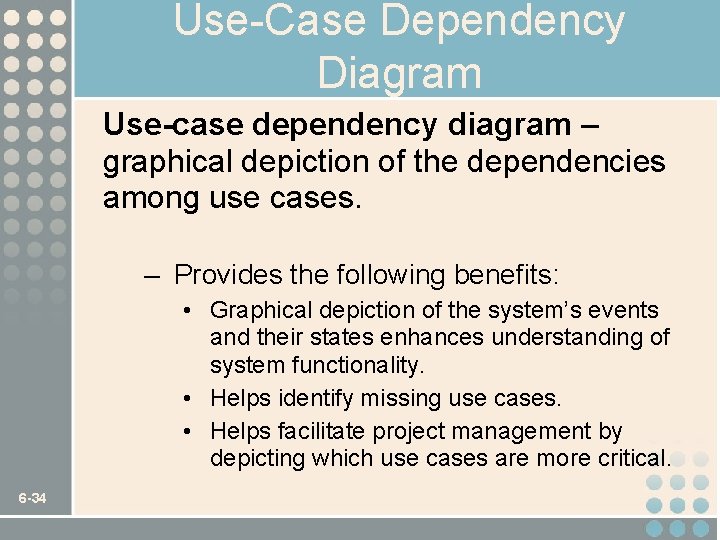 Use-Case Dependency Diagram Use-case dependency diagram – graphical depiction of the dependencies among use