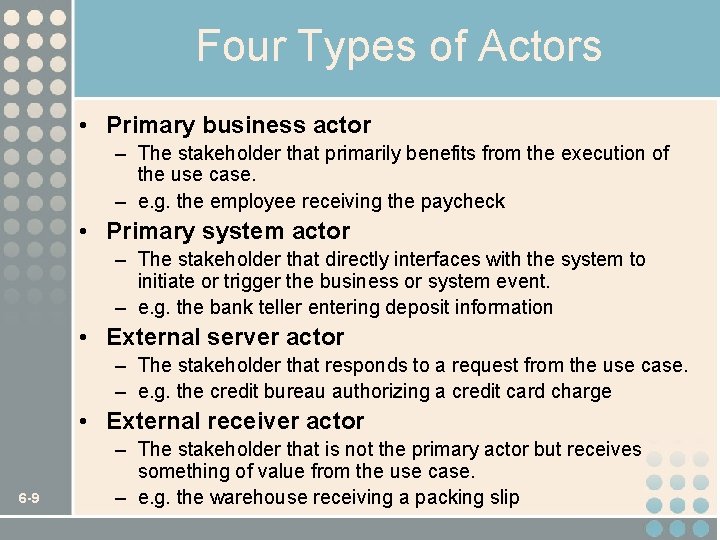 Four Types of Actors • Primary business actor – The stakeholder that primarily benefits