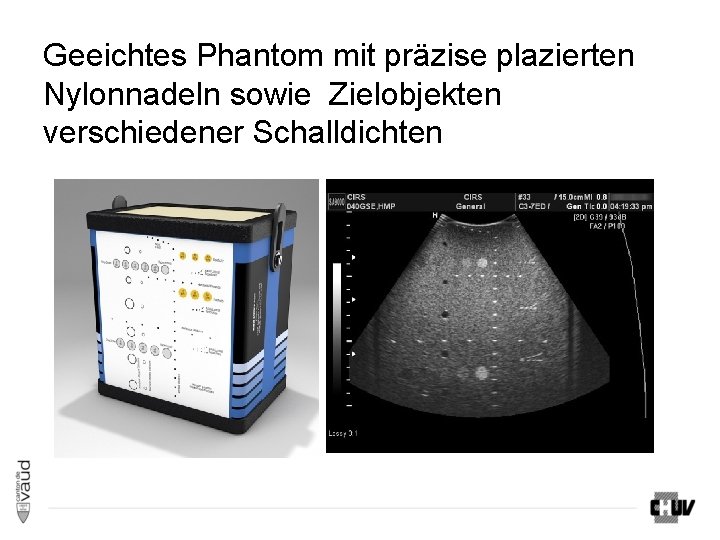 Geeichtes Phantom mit präzise plazierten Nylonnadeln sowie Zielobjekten verschiedener Schalldichten Geeichtes Phantom mit präzise plazierten Nylonnadeln sowie Zielobjekten verschiedener Schalldichten