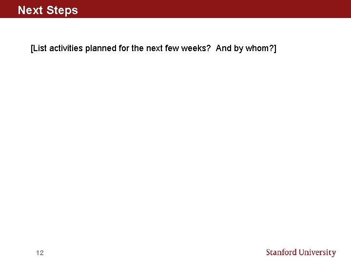 Next Steps [List activities planned for the next few weeks? And by whom? ]