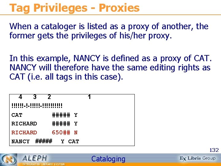 Tag Privileges - Proxies When a cataloger is listed as a proxy of another,