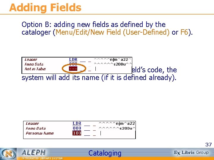 Adding Fields Option B: adding new fields as defined by the cataloger (Menu/Edit/New Field