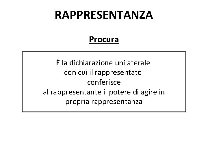 RAPPRESENTANZA Procura È la dichiarazione unilaterale con cui il rappresentato conferisce al rappresentante il
