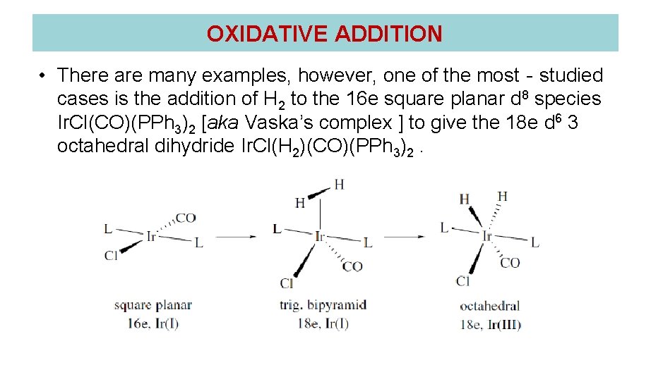 OXIDATIVE ADDITION • There are many examples, however, one of the most‐studied cases is OXIDATIVE ADDITION • There are many examples, however, one of the most‐studied cases is