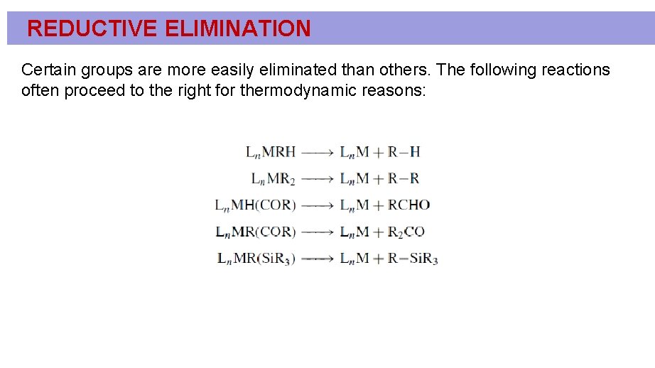 REDUCTIVE ELIMINATION Certain groups are more easily eliminated than others. The following reactions often REDUCTIVE ELIMINATION Certain groups are more easily eliminated than others. The following reactions often
