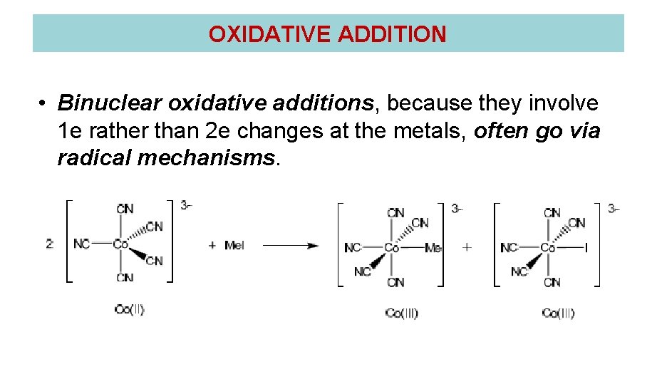 OXIDATIVE ADDITION • Binuclear oxidative additions, because they involve 1 e rather than 2 OXIDATIVE ADDITION • Binuclear oxidative additions, because they involve 1 e rather than 2