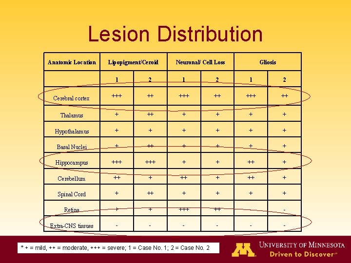 Lesion Distribution Anatomic Location Lipopigment/Ceroid Neuronal/ Cell Loss Gliosis 1 2 1 2 Cerebral