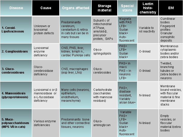 Disease Cause Organs affected 1. Ceroid. Lipofuscinoses Unknown or lysosomal protein defects Predominantly cerebrum,