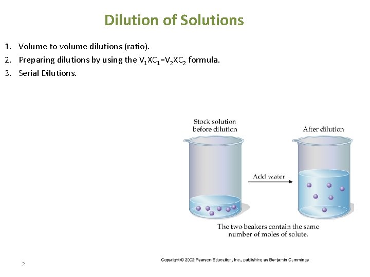 Dilution of Solutions 1. Volume to volume dilutions (ratio). 2. Preparing dilutions by using Dilution of Solutions 1. Volume to volume dilutions (ratio). 2. Preparing dilutions by using