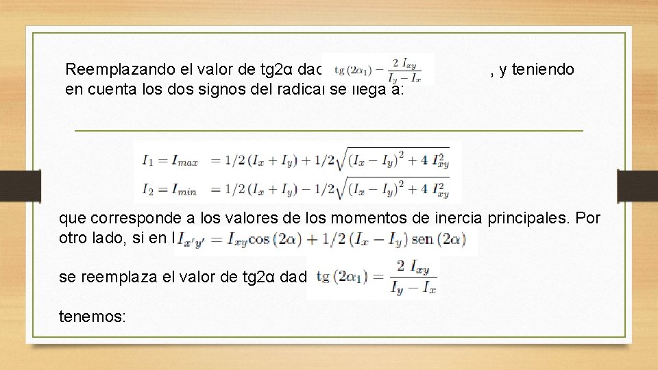Reemplazando el valor de tg 2α dado por en cuenta los dos signos del Reemplazando el valor de tg 2α dado por en cuenta los dos signos del