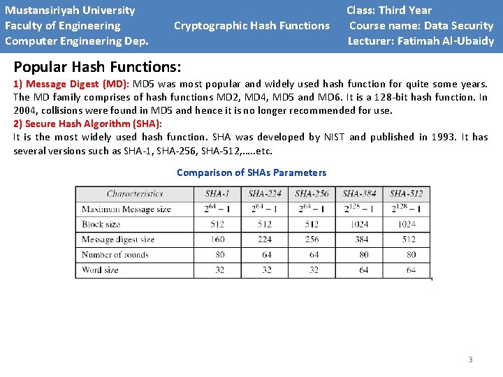 Mustansiriyah University Class: Third Year Faculty of Engineering Cryptographic Hash Functions Course name: Data Mustansiriyah University Class: Third Year Faculty of Engineering Cryptographic Hash Functions Course name: Data