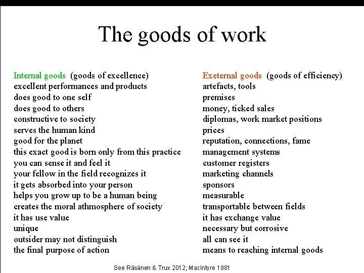 The goods of work Internal goods (goods of excellence) excellent performances and products does