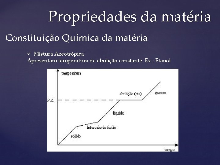 Propriedades da matéria Constituição Química da matéria ü Mistura Azeotrópica Apresentam temperatura de ebulição