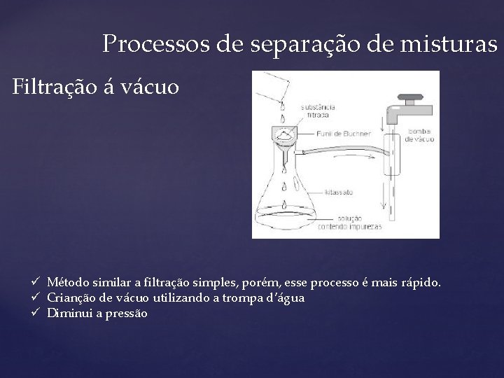 Processos de separação de misturas Filtração á vácuo ü Método similar a filtração simples,