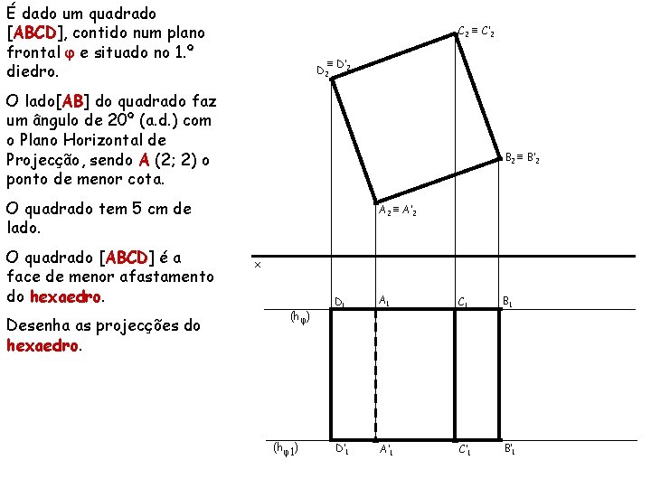 É dado um quadrado [ABCD], contido num plano frontal φ e situado no 1.