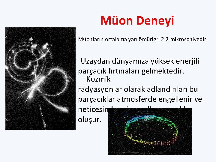 Müon Deneyi Müonların ortalama yarı ömürleri 2. 2 mikrosaniyedir. Uzaydan dünyamıza yüksek enerjili parçacık Müon Deneyi Müonların ortalama yarı ömürleri 2. 2 mikrosaniyedir. Uzaydan dünyamıza yüksek enerjili parçacık